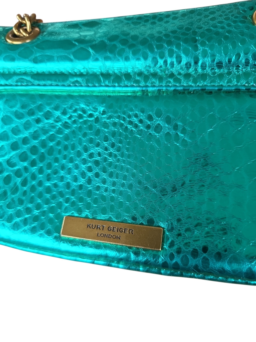 Kurt Geiger Turquoise Snake-Embossed Shoulder Bag with Gold Chain - Picture 3 of 15